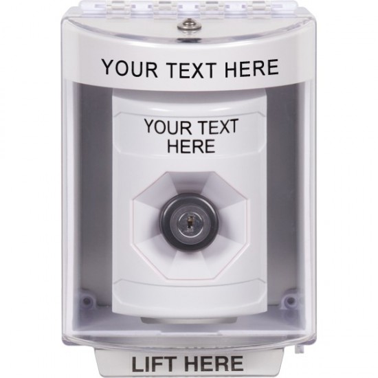 SS2383ZA-EN STI White Indoor/Outdoor Surface w/ Horn Key-to-Activate Stopper Station w/ Custom Text Label