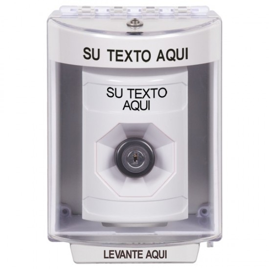 SS2383ZA-ES STI White Indoor/Outdoor Surface w/ Horn Key-to-Activate Stopper Station w/ Custom Text Spanish