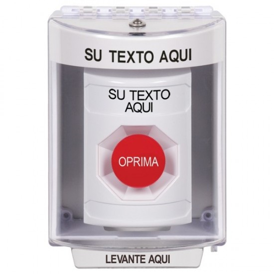 SS2384ZA-ES STI White Indoor/Outdoor Surface w/ Horn Momentary Stopper Station with Non-Returnable Custom Text Label Spanish