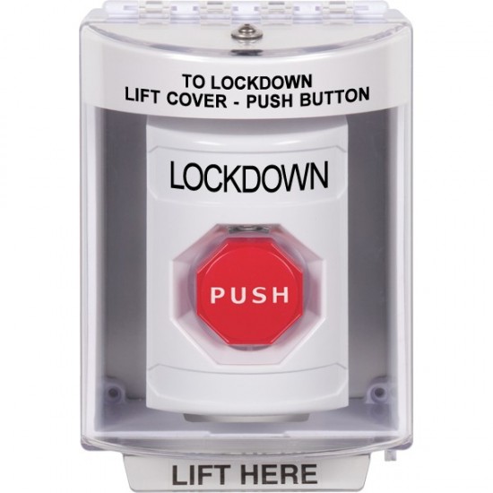 SS2385LD-EN STI White Indoor/Outdoor Surface w/ Horn Momentary (Illuminated) Stopper Station with LOCKDOWN Label English