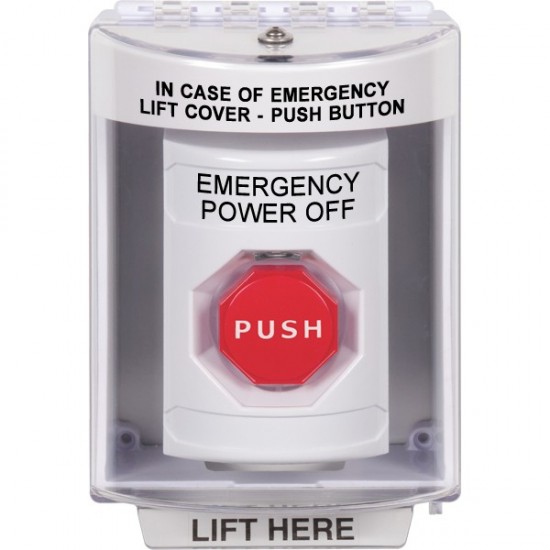 SS2385PO-EN STI White Indoor/Outdoor Surface w/ Horn Momentary Stopper Station w/ EMERGENCY POWER OFF Label