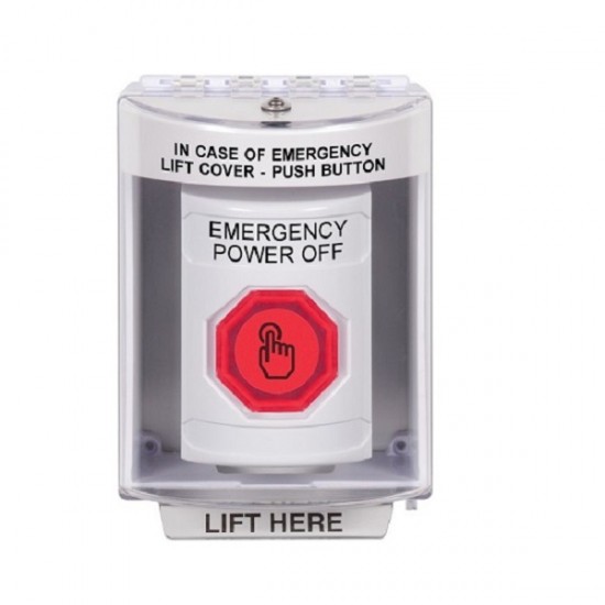 SS2386PO-EN STI White Indoor/Outdoor Surface w/ Horn Momentary (Illuminated) Stopper Station w/ EMERGENCY POWER OFF Label