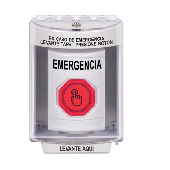 SS2387EM-ES STI White Indoor/Outdoor Surface w/ Horn Weather Resistant Momentary Stopper Station w/ EMERGENCY Spanish