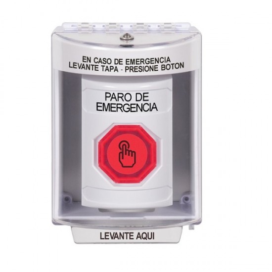 SS2387ES-ES STI White Indoor/Outdoor Surface w/ Horn Weather Resistant Momentary Stopper Station w/ EMERGENCY STOP Spanish