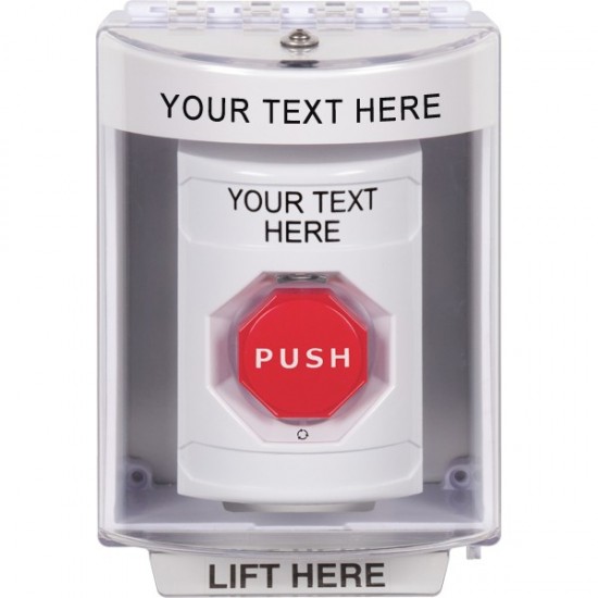 SS2389ZA-EN STI White Indoor/Outdoor Surface w/ Horn Turn-to-Reset Stopper Station w/ Custom Text Label