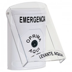 SS23A0EM-ES STI White Indoor Only Flush or Surface w/ Horn Key-to-Reset Stopper Station with EMERGENCY Label Spanish