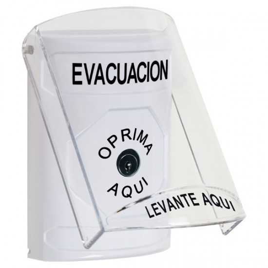 SS23A0EV-ES STI White Indoor Only Flush or Surface w/ Horn Key-to-Reset Stopper Station with EVACUATION Label Spanish