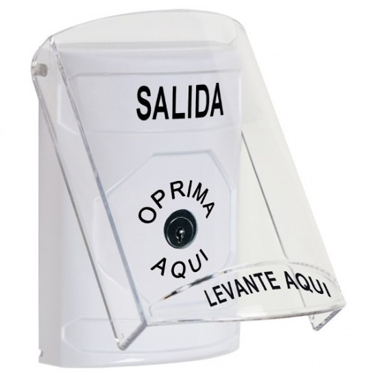 SS23A0XT-ES STI White Indoor Only Flush or Surface w/ Horn Key-to-Reset Stopper Station with EXIT Label Spanish