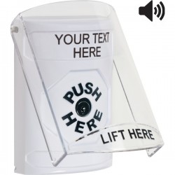 SS23A0ZA-EN STI White Indoor Flush/Surface w/ Horn Key-to-Reset Stopper Station w/ Custom Text Label