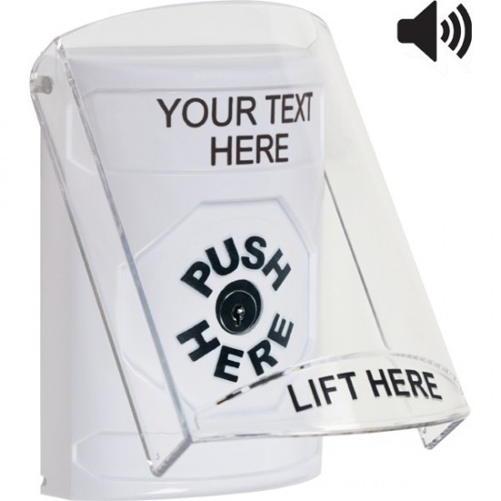 SS23A0ZA-EN STI White Indoor Flush/Surface w/ Horn Key-to-Reset Stopper Station w/ Custom Text Label
