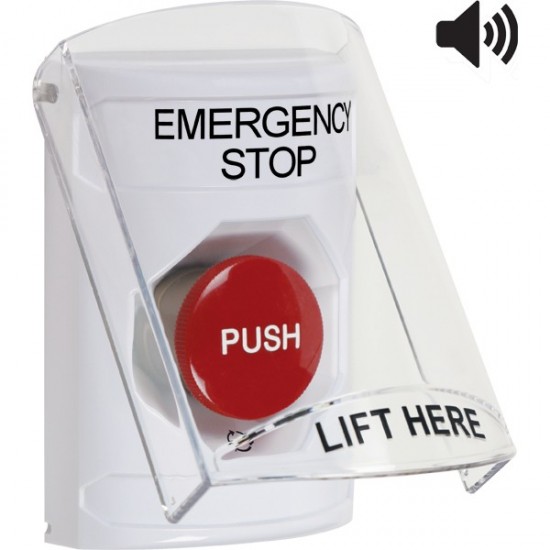 SS23A1ES-EN STI White Indoor Only Flush or Surface w/ Horn Turn-to-Reset Stopper Station with EMERGENCY STOP Label English