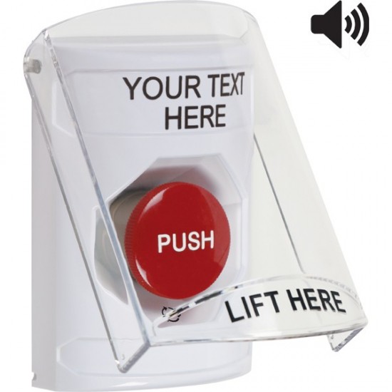 SS23A1ZA-EN STI White Indoor Flush/Surface w/ Horn Turn-to-Reset Stopper Station w/ Custom Text Label