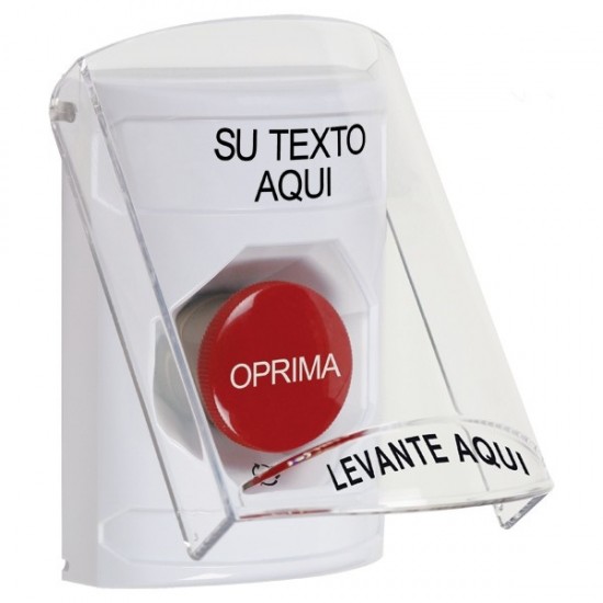 SS23A1ZA-ES STI White Indoor Flush/Surface w/ Horn Turn-to-Reset Stopper Station w/ Custom Text Spanish