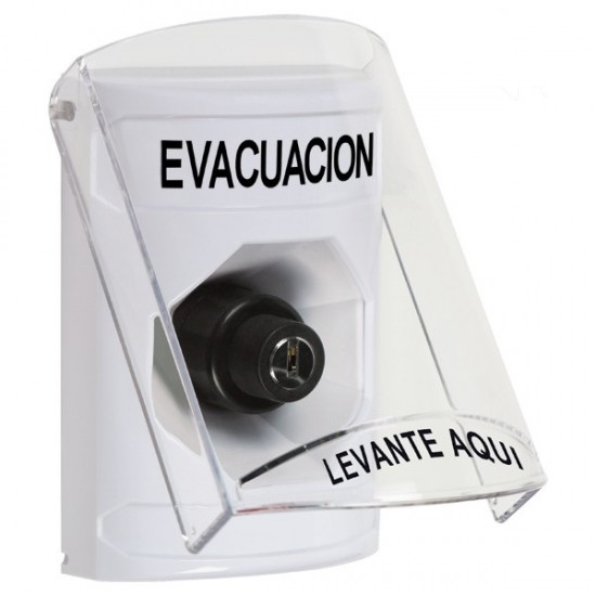 SS23A3EV-ES STI White Indoor Only Flush or Surface w/ Horn Key-to-Activate Stopper Station with EVACUATION Label Spanish