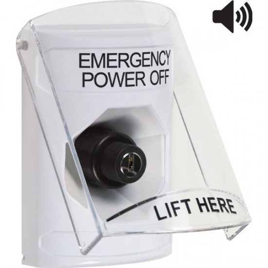 SS23A3PO-EN STI White Indoor Flush/Surface w/ Horn Key-to-Activate Stopper Station w/ EMERGENCY POWER OFF Label