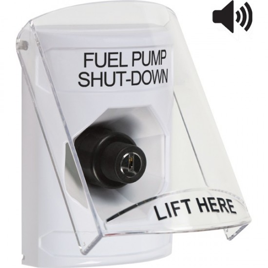 SS23A3PS-EN STI White Indoor Flush/Surface w/ Horn Key-to-Activate Stopper Station w/ FUEL PUMP SHUT DOWN Label