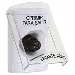 SS23A3PX-ES STI White Indoor Only Flush or Surface w/ Horn Key-to-Activate Stopper Station with PUSH TO EXIT Label Spanish
