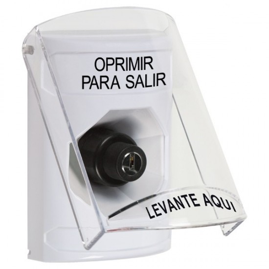 SS23A3PX-ES STI White Indoor Only Flush or Surface w/ Horn Key-to-Activate Stopper Station with PUSH TO EXIT Label Spanish