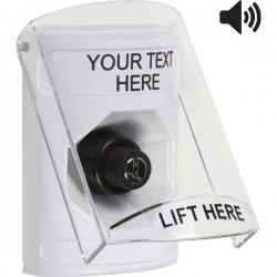 SS23A3ZA-EN STI White Indoor Flush/Surface w/ Horn Key-to-Activate Stopper Station w/ Custom Text Label