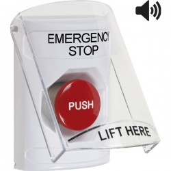 SS23A4ES-EN STI White Indoor Only Flush or Surface w/ Horn Momentary Stopper Station with EMERGENCY STOP Label English