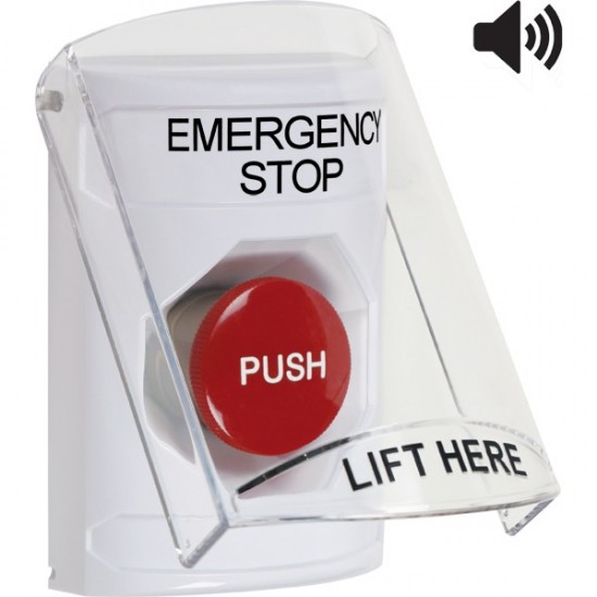 SS23A4ES-EN STI White Indoor Only Flush or Surface w/ Horn Momentary Stopper Station with EMERGENCY STOP Label English