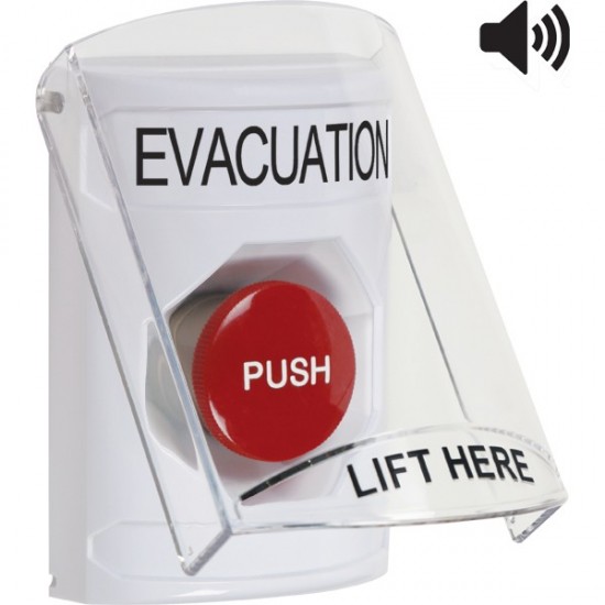 SS23A4EV-EN STI White Indoor Only Flush or Surface w/ Horn Momentary Stopper Station with EVACUATION Label English