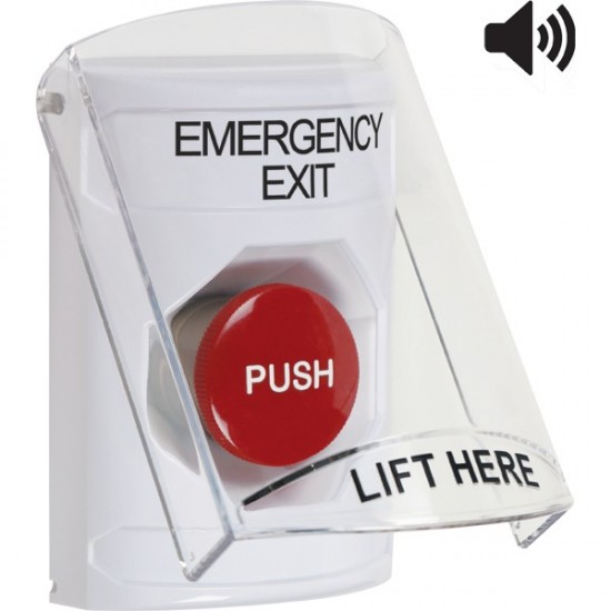 SS23A4EX-EN STI White Indoor Only Flush or Surface w/ Horn Momentary Stopper Station with EMERGENCY EXIT Label English