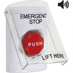 SS23A5ES-EN STI White Indoor Flush/Surface w/ Horn Momentary Stopper Station w/ EMERGENCY STOP Label