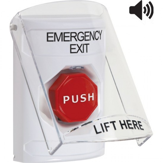 SS23A5EX-EN STI White Indoor Flush/Surface w/ Horn Momentary Stopper Station w/ EMERGENCY EXIT Label