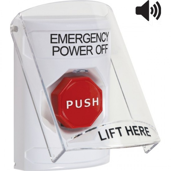 SS23A5PO-EN STI White Indoor Flush/Surface w/ Horn Momentary Stopper Station w/ EMERGENCY POWER OFF Label