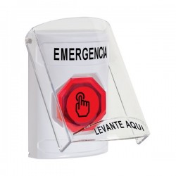 SS23A7EM-ES STI White Indoor Flush/Surface w/ Horn Weather Resistant Momentary Stopper Station w/ EMERGENCY Spanish