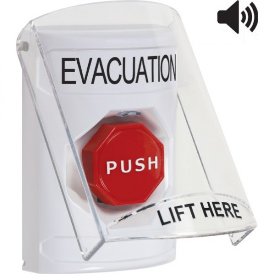 SS23A8EV-EN STI White Indoor Flush/Surface w/ Horn Pneumatic (Illuminated) Stopper Station w/ EVACUATION Label