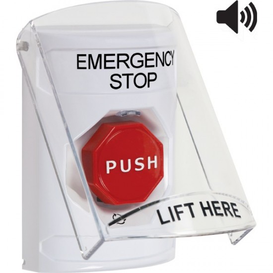 SS23A9ES-EN STI White Indoor Flush/Surface w/ Horn Turn-to-Reset Stopper Station w/ EMERGENCY STOP Label