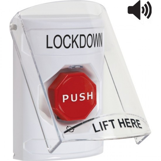 SS23A9LD-EN STI White Indoor Flush/Surface w/ Horn Turn-to-Reset Stopper Station w/ LOCKDOWN Label