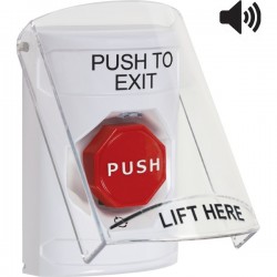 SS23A9PX-EN STI White Indoor Flush/Surface w/ Horn Turn-to-Reset Stopper Station w/ PUSH TO EXIT Label