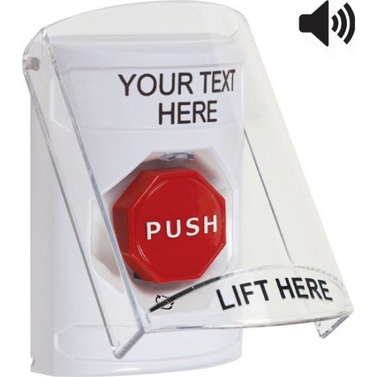 SS23A9ZA-EN STI White Indoor Flush/Surface w/ Horn Turn-to-Reset Stopper Station w/ Custom Text Label