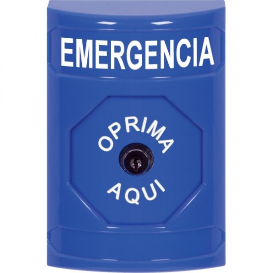 SS2400EM-ES STI Blue No Cover Key-to-Reset Stopper Station with EMERGENCY Label Spanish