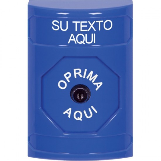 SS2400ZA-ES STI Blue No Cover Key-to-Reset Stopper Station with Non-Returnable Custom Text Label Spanish
