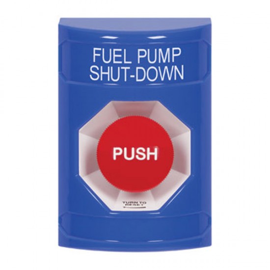 SS2401PS-EN STI Blue No Cover Turn-to-Reset Stopper Station with FUEL PUMP SHUT DOWN Label English