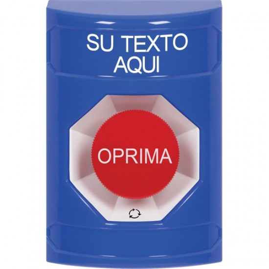 SS2401ZA-ES STI Blue No Cover Turn-to-Reset Stopper Station with Non-Returnable Custom Text Label Spanish