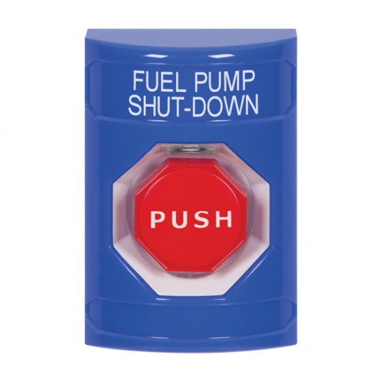 SS2402PS-EN STI Blue No Cover Key-to-Reset (Illuminated) Stopper Station with FUEL PUMP SHUT DOWN Label English