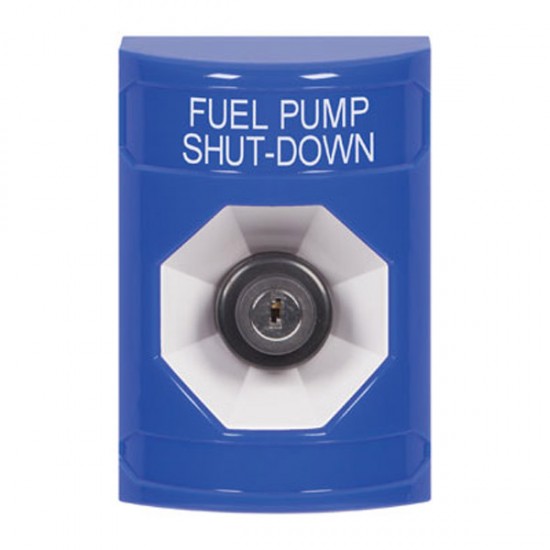 SS2403PS-EN STI Blue No Cover Key-to-Activate Stopper Station with FUEL PUMP SHUT DOWN Label English