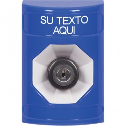 SS2403ZA-ES STI Blue No Cover Key-to-Activate Stopper Station with Non-Returnable Custom Text Label Spanish