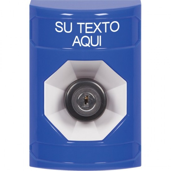 SS2403ZA-ES STI Blue No Cover Key-to-Activate Stopper Station with Non-Returnable Custom Text Label Spanish