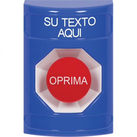 SS2404ZA-ES STI Blue No Cover Momentary Stopper Station with Non-Returnable Custom Text Label Spanish
