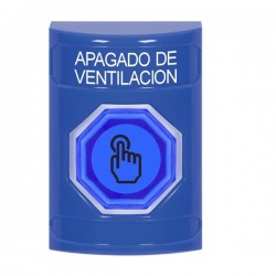 SS2406HV-ES STI Blue No Cover Momentary (Illuminated) with Blue Lens Stopper Station with HVAC SHUT DOWN Label Spanish