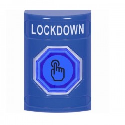SS2406LD-EN STI Blue No Cover Momentary (Illuminated) with Blue Lens Stopper Station with LOCKDOWN Label English