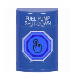 SS2406PS-EN STI Blue No Cover Momentary (Illuminated) with Blue Lens Stopper Station with FUEL PUMP SHUT DOWN Label English
