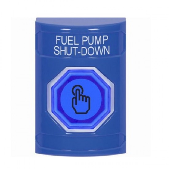 SS2406PS-EN STI Blue No Cover Momentary (Illuminated) with Blue Lens Stopper Station with FUEL PUMP SHUT DOWN Label English