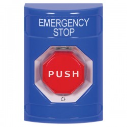 SS2409ES-EN STI Blue No Cover Turn-to-Reset (Illuminated) Stopper Station with EMERGENCY STOP Label English